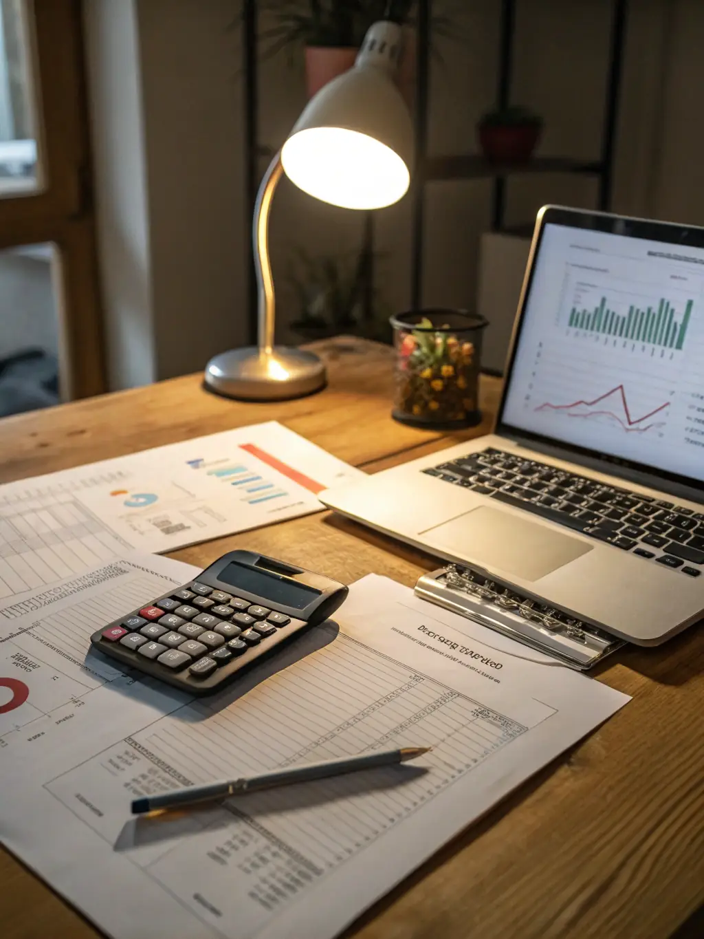 A close-up shot of a calculator, financial statements, and a pen on a desk, symbolizing meticulous financial analysis.