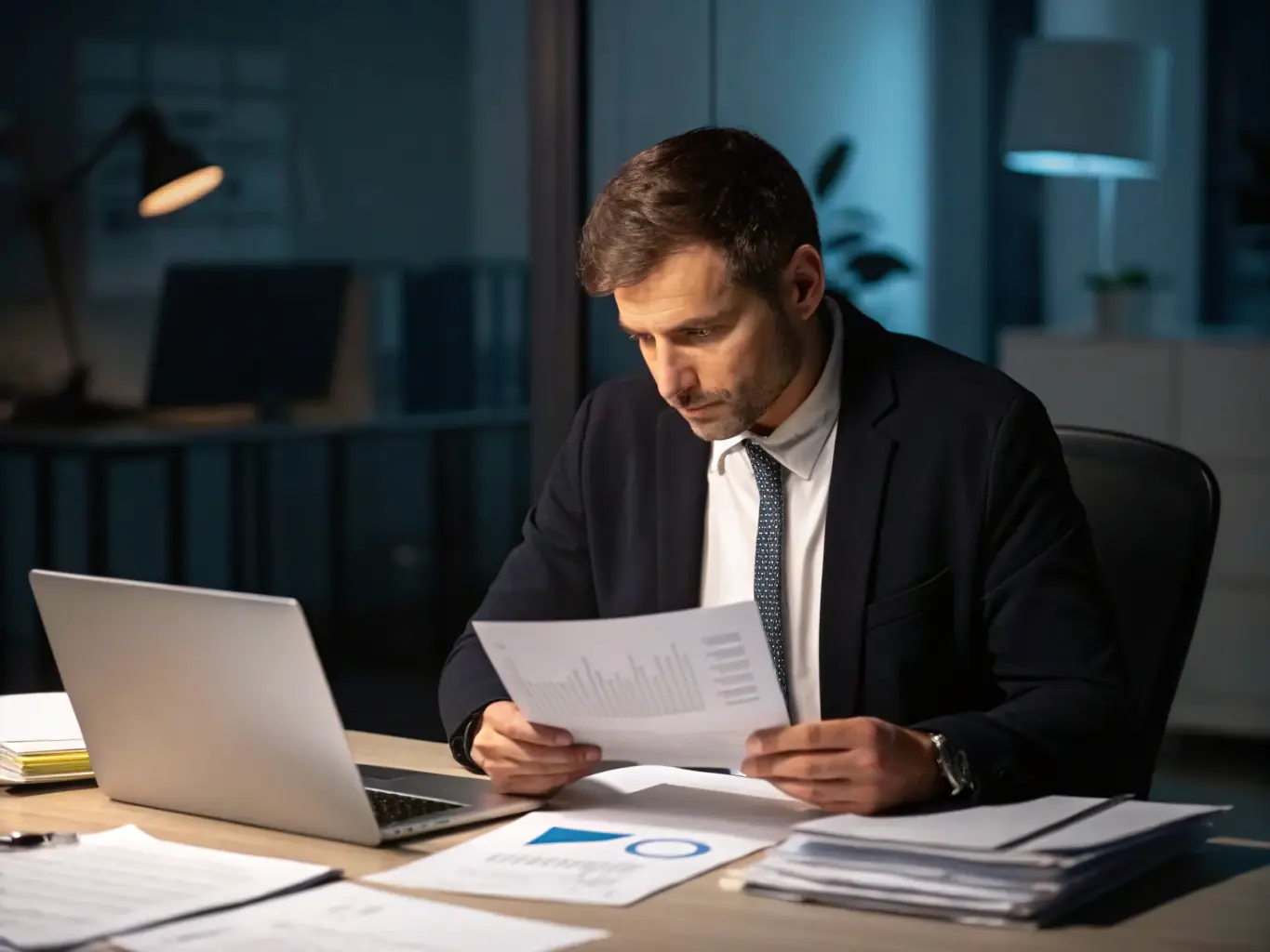 A professional auditor meticulously reviewing financial documents in a modern office setting, symbolizing thoroughness and attention to detail.