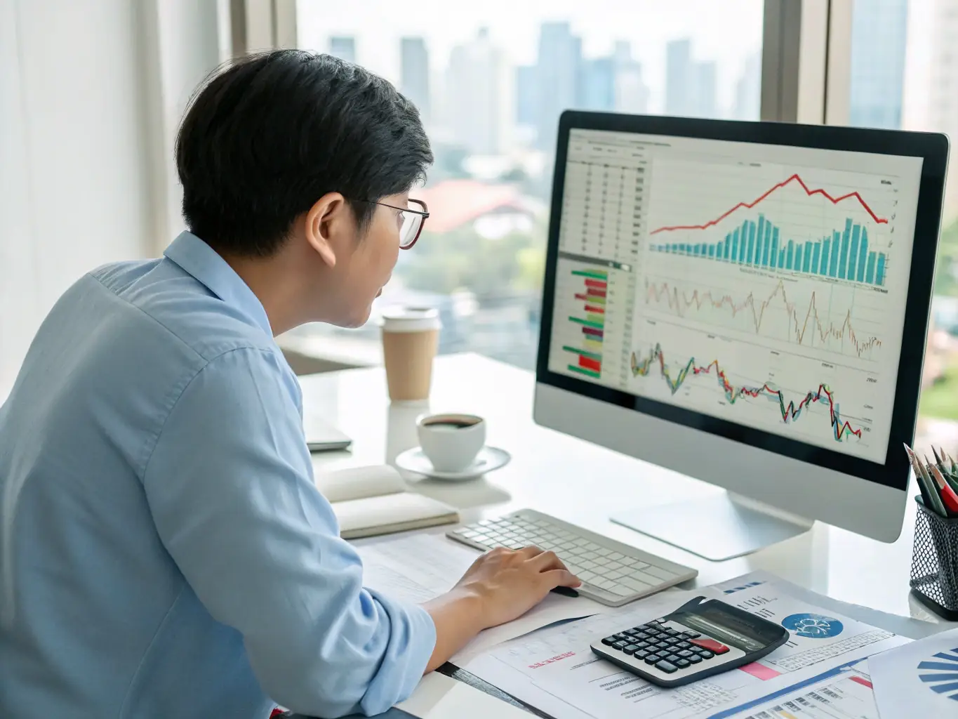 A financial analyst reviewing investment portfolios on a computer screen, showcasing investment analysis services.
