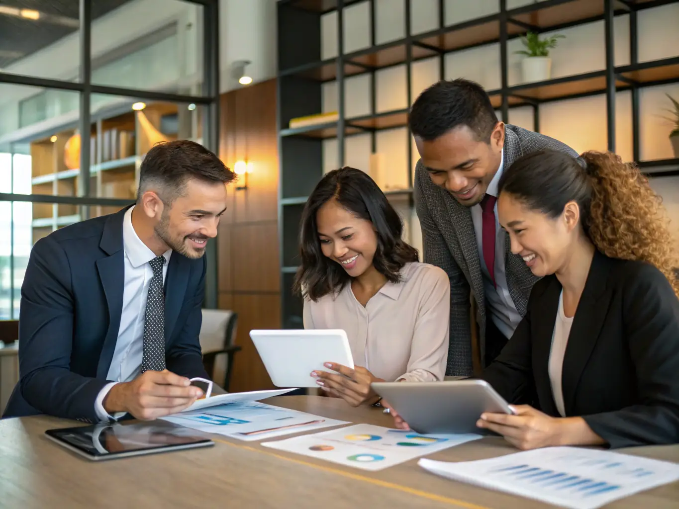 A diverse team of financial analysts collaborating around a table, discussing financial reports and strategies, emphasizing teamwork and comprehensive analysis.