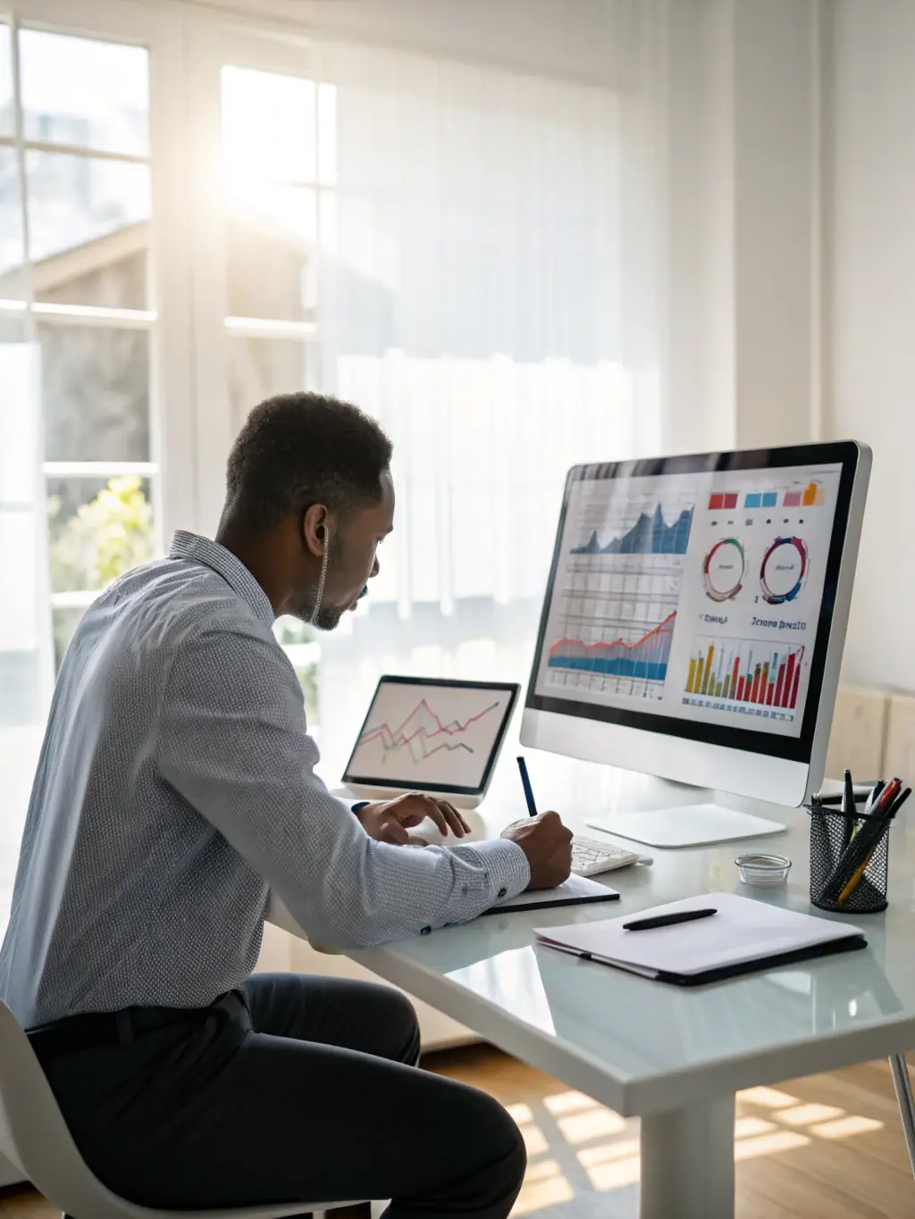 An image of a financial analyst reviewing reports with charts and graphs on a computer screen, highlighting data-driven investment strategies.