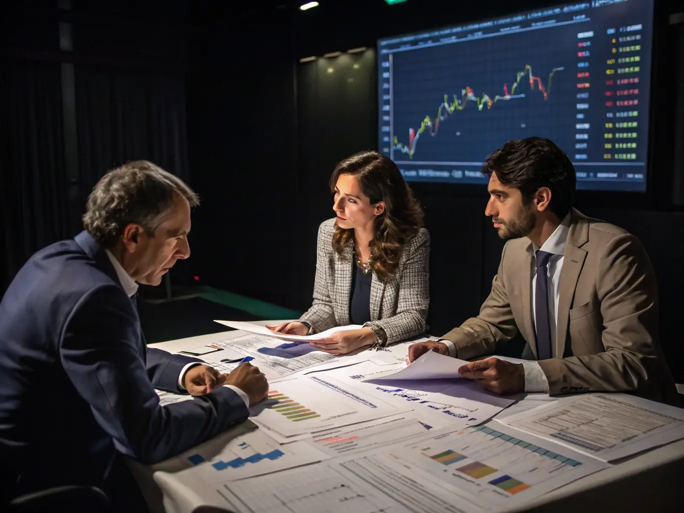 A graph showing profit forecasting trends, with analysts discussing the data, illustrating profit forecasting services.
